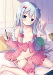  3: blue_eyes blush bow breasts closed_mouth commentary_request eromanga_sensei frills hair_bow hair_censor hair_over_breasts head_tilt holding izumi_sagiri long_hair low-tied_long_hair navel pajamas panties panty_pull pink_bow pink_panties pussy_juice side-tie_panties silver_hair sitting small_breasts solo sousouman stylus thighs underwear wariza wet wet_hair 