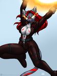  2017 action_pose angry anthro arms_above_head big_breasts bodysuit breasts camel_toe canine cleavage clothed clothing empty_eyes eye_mist female fireball fur furball grey_fur hair mammal navel open_mouth red_hair scarlett_(furball) simple_background skinsuit solo tight_clothing tongue wolf yellow_eyes 