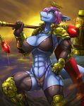  anthro armor azalia bra camel_toe clothed clothing female fish hair hammer link2004 looking_at_viewer marine muscular panties shark skimpy smile solo tools underwear 