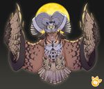  bird black_background clothed_animal coat eurasian_eagle_owl eurasian_eagle_owl_(kemono_friends) full_body full_moon glowing glowing_eyes japari_symbol kemono_friends kemonomichi_(blue_black) looking_at_viewer moon no_humans northern_white-faced_owl northern_white-faced_owl_(kemono_friends) orange_eyes owl spread_wings yellow_eyes 