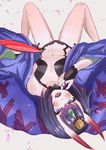  alcohol blush breasts cherry_blossoms cup fate/grand_order fate_(series) highres horns japanese_clothes looking_at_viewer lying oni oni_horns open_mouth purple_eyes purple_hair rokita sakazuki sake short_hair shuten_douji_(fate/grand_order) small_breasts smile solo 