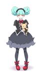  :&gt; alternate_hairstyle aqua_hair arm_behind_back bangs biburi_(precure) black_hairband black_legwear black_shirt black_skirt blunt_bangs bow bowtie bubble_skirt chocokin closed_mouth curly_hair double_bun full_body gothic_lolita hairband jitome juliet_sleeves kirakira_precure_a_la_mode lolita_fashion long_sleeves looking_at_viewer mahou_girls_precure! mofurun_(mahou_girls_precure!) pantyhose precure puffy_sleeves red_bow red_footwear red_neckwear shirt shoes short_hair skirt smile standing stuffed_animal stuffed_toy teddy_bear white_background yellow_eyes 