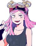 1girl :d absurdres bare_shoulders boku_no_hero_academia breasts cleavage goggles goggles_on_head hatsume_mei highres looking_at_viewer note_(newb04) pink_hair simple_background smile solo upper_body white_background yellow_eyes 