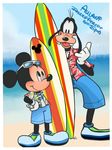  2012 4_fingers anthro aulani beach black_nose border canine chico110 clothed clothing digital_media_(artwork) disney dog english_text eyewear goofy_(disney) hawaii hawaiian_shirt looking_up mammal mickey_mouse mouse open_mouth open_smile rodent round_ears seaside shaka shirt shorts smile sunglasses surfboard t-shirt text white_border 