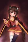  :3 animal_humanoid bandage belt blush brown_hair cape cat_humanoid choker clothed clothing cowfee feline female fingerless_gloves gloves hair humanoid inner_ear_fluff kono_subarashii_sekai_ni_shukufuku_wo! looking_at_viewer mammal megumin_(konosuba) pose red_eyes smile solo 