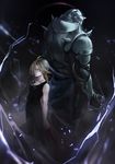  1boy 2016 ahoge alphonse_elric armor artist_name back-to-back bare_arms bare_shoulders belt black_pants black_shirt blonde_hair braid brothers clenched_hand closed_mouth collarbone commentary dated edward_elric electricity from_above full_armor fullmetal_alchemist glowing glowing_eyes height_difference long_hair looking_at_viewer male_focus mechanical_arm pants shirt shoulder_spikes siblings spikes standing tank_top toned toned_male torn_clothes yellow_eyes 