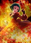  1girl ahoge breasts dress farah_oersted fingerless_gloves fire gloves green_hair open_mouth red_eyes ribbon short_hair tales_of_(series) tales_of_eternia 
