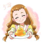  arisugawa_himari braid brown_hair cherry chocokin closed_eyes closed_mouth facing_viewer food fruit kirakira_precure_a_la_mode long_hair plate precure smile solo twin_braids twintails upper_body 