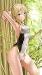  ahoge arms_behind_head arms_up artoria_pendragon_(all) artoria_pendragon_(swimsuit_archer) blonde_hair braid breasts competition_swimsuit covered_navel cowboy_shot fate/grand_order fate/stay_night fate_(series) green_eyes highres kilye_4421 looking_at_viewer one-piece_swimsuit small_breasts solo standing swimsuit tree 