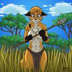  2017 anthro blue_eyes breasts canine chest_tuft clothed clothing convenient_censorship crossgender female fox fur gloves_(marking) hair heresy_(artist) inner_ear_fluff keidran loincloth mammal markings melee_weapon mike_(twokinds) multicolored_fur nervous orange_fur orange_hair outside polearm scar skimpy solo spear topless tuft two_tone_fur twokinds weapon white_fur 