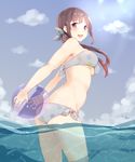  :d ass ball bandeau bangs bare_shoulders beachball bikini blue_bikini blush bow breasts brown_hair commentary_request day from_side hair_bow highres holding holding_ball long_hair looking_at_viewer looking_back low_twintails manatsuki_manata medium_breasts multicolored multicolored_polka_dots ocean open_mouth original outdoors polka_dot polka_dot_bikini purple_eyes side-tie_bikini sidelocks smile solo swimsuit tareme teeth thighs twintails underboob unmoving_pattern wading water 
