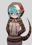  :&lt; blush brown_eyes closed_mouth cowboy_shot cowfee disembodied_limb embarrassed green_hair grey_background hair_between_eyes hands_in_pockets hood hoodie jitome kemono_friends long_sleeves looking_away looking_to_the_side petting ribbon short_hair simple_background snake_tail solo striped_hoodie striped_tail tail thigh_gap tsuchinoko_(kemono_friends) v-shaped_eyebrows 