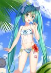  94_(644534209) absurdres aqua_eyes aqua_hair artist_request bikini blue_bikini blush cloud day flower food hatsune_miku hibiscus highres long_hair looking_at_viewer mismatched_bikini multiple_girls nail_polish navel open_mouth outdoors polka_dot_bikini_top popsicle sky solo_focus standing striped striped_bikini_bottom swimsuit twintails very_long_hair vocaloid 