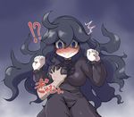  /\/\/\ 1girl ahoge al_bhed_eyes black_hair blue_eyes blush breast_grab breasts cardigan clenched_hands commentary_request disembodied_limb dress embarrassed full-face_blush grabbing hairband hex_maniac_(pokemon) impossible_clothes large_breasts long_hair looking_down messy_hair pokemon pokemon_(game) pokemon_xy purple_hairband solo_focus surprised sweatdrop takura_mahiro very_long_hair wavy_mouth 