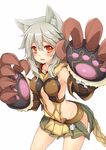  3.14 animal_ears bangs blush breasts claws erune eyebrows_visible_through_hair fang granblue_fantasy grey_hair hair_between_eyes legs_apart long_hair looking_at_viewer medium_breasts open_mouth orange_eyes revealing_clothes sen_(granblue_fantasy) shiny shiny_hair simple_background solo thighs wavy_hair white_background 