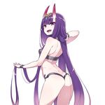  alternate_hair_length alternate_hairstyle blush breasts chan_co fangs fate/grand_order fate_(series) horns long_hair looking_at_viewer oni oni_horns open_mouth purple_eyes purple_hair shiny shiny_skin shuten_douji_(fate/grand_order) simple_background small_breasts solo very_long_hair white_background 