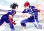  battle boku_no_hero_academia bruise fire green_hair highres ice injury jacket looking_at_another male_focus midoriya_izuku multicolored_hair multiple_boys pants red_hair reiquil sideburns smile stadium sweat todoroki_shouto track_and_field track_jacket track_pants wavy_hair white_hair 