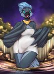  2016 anthro avian bare_shoulders beak bird black_beak blue_body blue_eyes blue_feathers blue_hair breasts clothed clothing countershading digital_media_(artwork) feathered_wings feathers female firetally front_view grey_body grey_feathers hair hi_res jewelry julia_(character) multicolored_body multicolored_feathers naked_towel night non-mammal_breasts open_mouth outside partially_submerged solo standing star surprise tail_feathers tongue towel two_tone_body two_tone_feathers water wide_hips winged_arms wings 