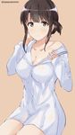  :&lt; adjusting_hair bangs banned_artist beige_background blunt_bangs blush breasts cleavage closed_mouth collarbone commentary_request cowboy_shot dress hand_in_hair hand_on_own_chest invisible_chair katou_megumi long_sleeves looking_at_viewer medium_breasts off_shoulder saenai_heroine_no_sodatekata sailor_collar sailor_dress shiny shiny_hair short_hair_with_long_locks sidelocks simple_background sitting sleeves_past_wrists solo tareme tasora twitter_username 