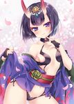  ass_visible_through_thighs bangs bare_shoulders black_hair blunt_bangs blush bob_cut breasts cherry_blossoms commentary_request contrapposto cowboy_shot eyebrows_visible_through_hair eyelashes fate/grand_order fate_(series) finger_to_mouth fingerless_gloves fingernails floral_background flower gem gloves hair_ornament hikimayu horns japanese_clothes kimono long_sleeves looking_at_viewer mitsuba_choco navel obi off_shoulder oni oni_horns petals purple_eyes revealing_clothes sash short_hair shuten_douji_(fate/grand_order) small_breasts smile solo standing thick_eyebrows wide_sleeves 