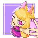 &lt;3 4_fingers ;3 abstract_background anthro bangs blonde_hair blunt_bangs canine cellphone clothing cute depth_of_field digital_media_(artwork) dipstick_tail eyebrows eyelashes female fox fur hair holding_object holding_phone humanoid_hands japanese_clothing kemono kimono kontan_(yo-kai_watch) looking_aside looking_away looking_up mammal mouth_closed multicolored_fur multicolored_tail obi one_eye_closed orange_fur outline phone pink_eyes pink_pupils satou_sugar selfie short_hair sleeveless solo standing tan_nose thick_eyebrows video_games yellow_fur yellow_tail yo-kai_watch 