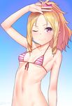  &gt;:) ;) arm_up bikini blonde_hair bow breasts collarbone commentary_request covered_nipples drill_hair eromanga_sensei gradient gradient_background hair_bow kanzaki_muyu long_hair looking_at_viewer navel one_eye_closed pink_eyes pointy_ears ponytail small_breasts smile solo stomach striped striped_bikini swimsuit upper_body v v-shaped_eyebrows yamada_elf 