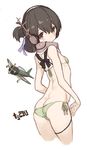  aircraft airplane artist_name ass bikini breasts brown_eyes brown_hair butt_crack cable cropped_legs folded_ponytail from_behind goekawa green_bikini headphones kantai_collection kasuga_maru_(kantai_collection) looking_at_viewer looking_back ribbon side-tie_bikini sideboob simple_background small_breasts solo swimsuit taiyou_(kantai_collection) white_background 