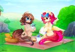  beverage blue_eyes brown_haur cupcake cutie_mark day duo equine fan_character female feral food grass hi_res holding_object hooves koveliana mammal my_little_pony open_mouth outside pegasus red_eyes red_haur sky smile teeth wings 