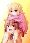  :d ahoge bad_id bad_pixiv_id bangs bat_hair_ornament blonde_hair blue_eyes blunt_bangs cardigan carrying chestnut_mouth cross_of_saint_peter drowsy fang friends gabriel_dropout hair_ornament hair_ribbon hair_rings head_on_arm highres hood hoodie kurumizawa_satanichia_mcdowell long_hair multiple_girls necktie on_shoulder open_mouth pink_cardigan red_eyes red_hair ribbon school_uniform shoulder_carry skirt smile struts tenma_gabriel_white v-shaped_eyebrows yellow_background 