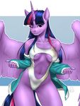 2017 absurd_res anthro anthrofied clothed clothing equine female friendship_is_magic hair hi_res horn long_hair looking_at_viewer mammal my_little_pony mykegreywolf one_eye_closed solo swimsuit twilight_sparkle_(mlp) winged_unicorn wings wink 