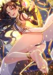  anklet ass asymmetrical_legwear bad_id bad_pixiv_id bare_shoulders barefoot black_hair breasts commentary_request earrings elbow_gloves fate/grand_order fate_(series) feet gem gloves hair_ribbon highres hoop_earrings ishtar_(fate/grand_order) jewelry kurono_kito long_hair long_legs looking_at_viewer medium_breasts red_eyes ribbon saint_quartz single_elbow_glove single_thighhigh smile soles solo thighhighs toes two_side_up 