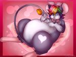  abstract_background bell blue_eyes bow_tie female fur grey_fur hair mammal markings multicolored_fur multicolored_hair overweight pandyshera pillow rainbow_hair rat rodent semi-anthro tail_tuft tuft white_fur white_markings 