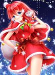  1girl blue_eyes breasts capelet christmas dress gloves hair_ornament hat looking_at_viewer medium_breasts open_mouth red_hair ribbon rose_(tales) santa_costume smile solo tales_of_(series) tales_of_zestiria 