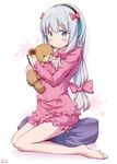  2017 aqua_eyes barefoot blue_hair blush bow chauke dated eromanga_sensei eyebrows_visible_through_hair full_body hair_bow headphones highres holding holding_stuffed_animal izumi_sagiri legs long_hair looking_at_viewer pajamas pink_bow sitting smile solo stuffed_animal stuffed_toy stylus teddy_bear twitter_username 