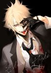  1boy absurdres arm_up bangs black_background black_gloves blonde_hair blood blood_on_face bloody_clothes bloody_hands brooch character_name collared_shirt commentary covering_face cravat dutch_angle english_commentary fangs fate/grand_order fate_(series) gloves hair_between_eyes half-closed_eye half_gloves hand_on_own_face highres jacket jekyll_and_hyde_(fate) jewelry long_sleeves looking_at_viewer messy_hair open_mouth parted_bangs red_eyes seomouse shirt simple_background smile solo teeth tongue tongue_out upper_body white_shirt 