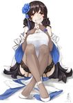  absurdres bare_shoulders black_hair black_legwear blue_bow blue_flower blue_nails bo_li_wei_ling bow breasts bridal_gauntlets brown_eyes chinese_clothes crossed_legs dated dress elbow_gloves flower garter_straps girls_frontline gloves hair_flower hair_ornament high_heels highres knees_up lace lace-trimmed_thighhighs large_breasts long_hair looking_at_viewer manicure mole mole_under_eye nail_polish qbz-95_(girls_frontline) shoes sitting smile solo tassel thighhighs very_long_hair white_background white_dress white_footwear 