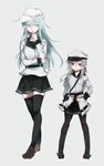 age_switch agtt25333 belt black_gloves black_legwear black_sailor_collar black_skirt blue_eyes cosplay costume_switch flat_cap gangut_(kantai_collection) gloves grey_hair hammer_and_sickle hat height_difference hibiki_(kantai_collection) highres jacket kantai_collection loafers long_hair long_sleeves military military_uniform miniskirt multiple_girls older pantyhose peaked_cap pleated_skirt ponytail red_eyes role_reversal sailor_collar scar school_uniform serafuku shoes silver_hair simple_background skirt thighhighs uniform verniy_(kantai_collection) white_background white_jacket younger 