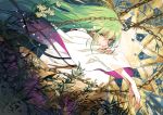  1other absurdres androgynous bangs black_ribbon blue_flower chains commentary english_commentary enkidu_(fate/strange_fake) expressionless eyebrows_visible_through_hair fate/grand_order fate_(series) floating_hair floral_background flower grass green_eyes green_hair hair_between_eyes hand_on_own_arm hands_up heterochromia highres huge_filesize long_hair long_sleeves looking_at_viewer looking_to_the_side outstretched_arm purple_eyes ribbon seomouse sidelocks solo starry_sky_print toga very_long_hair white_flower white_robe wide_sleeves yellow_flower 