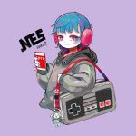  1girl bag blue_hair controller cropped_torso earmuffs game_console game_controller gamepad grey_hoodie hakuro96 hood hood_down looking_at_viewer multicolored multicolored_eyes nes original phone pink_eyes purple_background purple_eyes short_hair shoulder_bag signature simple_background smile solo upper_body 