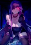  bare_shoulders blindfold blindfold_lift boots breasts cleavage dress facial_mark fate/stay_night fate_(series) forehead_mark highres long_hair looking_at_viewer medium_breasts one_eye_covered purple_eyes purple_hair rider sitting solo strapless strapless_dress thigh_boots thighhighs very_long_hair walzrj 