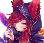  animal_ears ears_through_headwear facial_mark feathers hair_over_one_eye hood hood_up league_of_legends long_hair looking_at_viewer nail_polish red_hair shimatta solo xayah yellow_eyes yellow_nails 