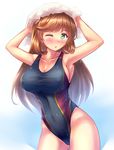  armpits black_swimsuit brown_hair clarisse_(granblue_fantasy) competition_swimsuit cowboy_shot granblue_fantasy green_eyes long_hair one-piece_swimsuit one_eye_closed simple_background solo stir255 swimsuit towel towel_on_head wet wet_clothes wet_swimsuit white_background 