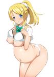  1girl ass ayase_eli blonde_hair blue_eyes blush bra bra_lift breasts butt_crack large_breasts love_live! love_live!_school_idol_project navel nipples panties ponytail pregnant shin&#039;ya_(shin&#039;yanchi) shirt_lift underwear white_bra white_panties 