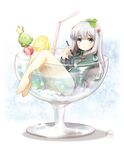  alcohol artist_logo bangs bare_legs barefoot bendy_straw blue_eyes blush bow closed_mouth cocktail cup drinking_straw eromanga_sensei expressionless eyebrows_visible_through_hair feet food fruit full_body hair_bow highres in_container in_cup izumi_sagiri jacket leaf leaf_on_head lemon lemon_slice long_hair long_sleeves looking_at_viewer looking_to_the_side low-tied_long_hair minigirl partially_submerged pink_bow silver_hair sitting solo sparkle stylus subin toothpick 