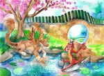  angel_dragon anthro brown_fur creek day disney dragon feral fur furred_dragon fuzzymaro garden lily_pad mulan_(copyright) mushu outside plant red_scales scales scalie smile traditional_media_(artwork) tree water watercolor_(artwork) yellow_eyes yellow_scales 