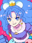  animal_ears blue_choker blue_eyes blue_gloves blue_hair choker commentary_request crown cure_gelato earrings extra_ears fang fur_trim gloves grin jewelry kagami_chihiro kirakira_precure_a_la_mode lion_ears long_hair looking_at_viewer magical_girl mini_crown open_mouth pink_background precure simple_background smile solo tail tategami_aoi 