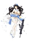  absurdres ankle_ribbon assault_rifle bangs black_hair blue_flower blunt_bangs blush bo_li_wei_ling breasts brown_eyes bullet bullpup commentary_request covering covering_nipples dress exploding_clothes flower full_body garter_straps girls_frontline gun hair_flower hair_ornament hairband high_heels highres lace lace-trimmed_thighhighs large_breasts long_hair looking_at_viewer no_bra parted_lips qbz-95 qbz-95_(girls_frontline) ribbon rifle shoes simple_background solo star thighhighs topless torn_clothes torn_dress torn_legwear weapon white_background white_footwear white_hairband white_legwear white_ribbon 