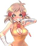  armpit_peek bandages bare_shoulders biting blush breasts brown_eyes brown_hair chinese_clothes cleavage cleavage_cutout crystal grin hair_ornament jewelry kouji_(kari) looking_at_viewer medium_breasts necklace pendant scar senki_zesshou_symphogear short_hair smile solo symphogear_pendant tachibana_hibiki_(symphogear) upper_body 