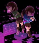  2others androgynous black_background blue_sweater blush_stickers bob_cut boots brown_hair brown_legwear brown_shorts chara_(undertale) counter cowboy_hat eyes_closed frisk_(undertale) green_sweater gun hat hat_removed headwear_removed holding holding_gun holding_money holding_weapon leaning_forward leaning_over money multiple_others shop short_hair shorts smile striped striped_sweater supunyange sweater undertale weapon |_| 