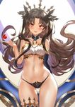  arm_behind_back armlet ass_visible_through_thighs asymmetrical_legwear asymmetrical_sleeves bangs bare_shoulders black_hair black_panties blush breasts cleavage cowboy_shot detached_collar earrings elbow_gloves eyebrows_visible_through_hair fang fate/grand_order fate_(series) glint gloves hair_ribbon heart hoop_earrings ishtar_(fate/grand_order) jewelry long_hair looking_at_viewer medium_breasts mr_cloud navel open_mouth panties parted_bangs pendant red_eyes ribbon single_elbow_glove single_thighhigh smile solo stomach thighhighs thighs two_side_up underwear 